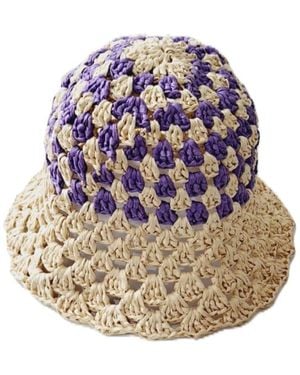 Springmoonatelier Handmade Cream- Raffia Bucket Hat - Blue