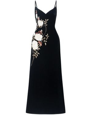 Silk and Bears Hand-Embroidered Noir Rose Silk Velvet Evening Dress - Black