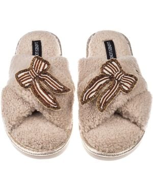 Laines London Neutrals Neutral Boucle Slippers With & Pearl Beaded Stripe Bow Brooches - Brown