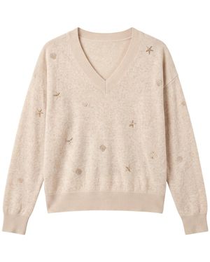 Brodie Cashmere Sea Embroidery Cashmere V Neck Jumper - Natural