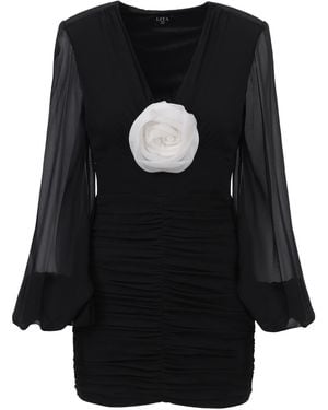 Lita Couture Ruched Floral-Appliqué Dress - Black