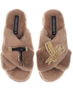 Laines London Neutrals Classic Laines Slippers With Hairdresser Brooches - Brown