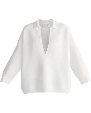 Paisie Low Cut Polo Collar Ribbed Sweater - White