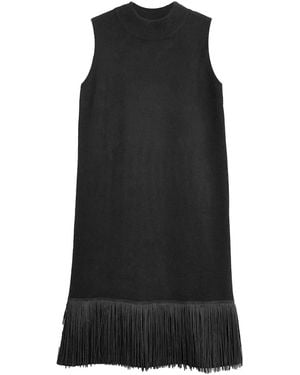 Zenzee Cashmere Mockneck Shift Dress With Fringe Hem - Black