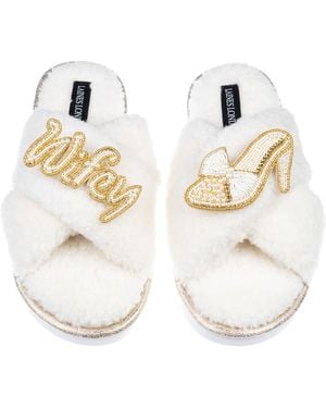 Laines London Neutrals Neutral Boucle Slippers With Wifey & Wedding Heel Brooches - Metallic