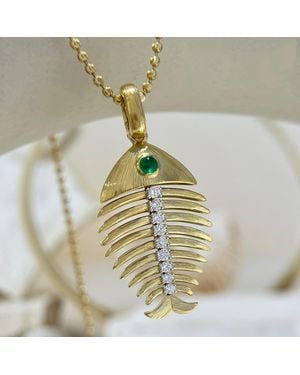 Artisan 18K Emerald & Diamond Fishbone Pendant - Metallic