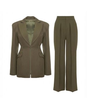 BLUZAT Khaki Suit With Balloon Blazer And Wide Leg Pants - Green
