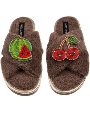 Laines London Neutrals Laines Boucle Slippers With Laines Loveables Watermelon & Cherry Brooches - Orange