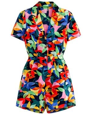 Yumi' Multicolour Tropical Leaf Print Playsuit - Blue
