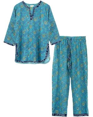 Inara Indian Cotton Waterlily Print Pyjamas - Blue