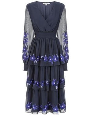 Frock and Frill Tamsin Floral Embroidered Midi Dress With Tiered Skirt - Blue