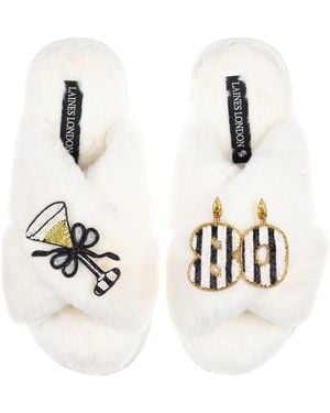 Laines London Neutrals Classic Laines Slippers With Stripe 80 Th Birthday & Glass Of Champagne Brooches - White