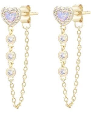 KAMARIA Heart Chain Stud Earrings With Crystals - Metallic