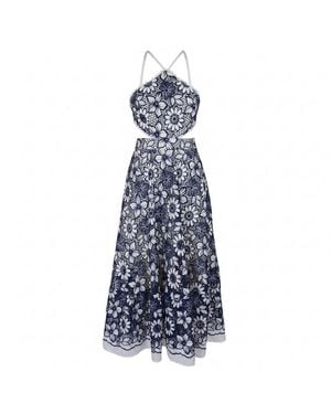 Modenaire Halter Dress With Vintage Embroidery And Cutout Waist - Blue