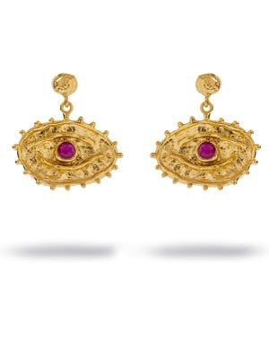 Ebru Jewelry Sacred Gaze Ruby Evil Eye Drop Earrings - Metallic
