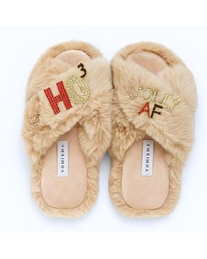 Yomisma Neutrals Eco Faux Fur Slippers – Jolly Af + Ho³ Rhinestone Brooches - Natural