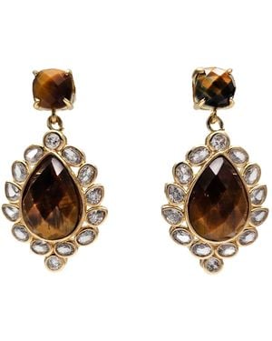 Farra Tiger Eye Stone With Zircon Statement Earrings - Metallic