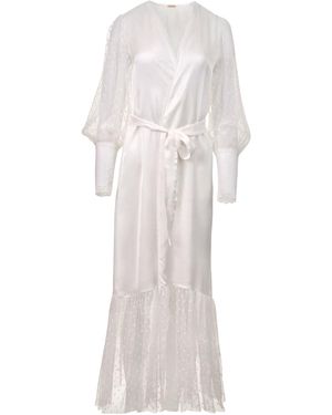 Oh!Zuza Long Satin Robe With Polka Dot Tulle & Lace – Ivory - White