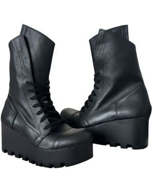Adrenaline Fashion Handcrafted Leather Lace-Up Platform Boots – Genuine Leather Designer Handmade Wedge Ankle Boots - Black