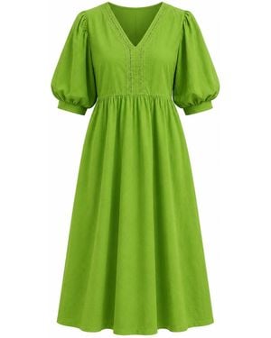 IZABELA MANDOIU Cotton Midi Dress With Puff Sleeves And Lace Inserts - Green