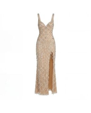 Mac Duggal Neutrals Beaded Fringe Column Gown With Slit - Natural