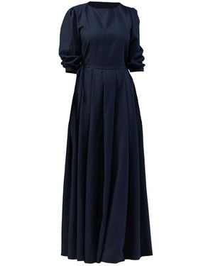 Nikka Place Vintage Inspired Linen Dress With Puff Sleeves And Pockets - Blue