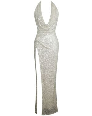 Miss Circle New York Niamh Golden Beaded Cowl Halter Backless Maxi Dress - White