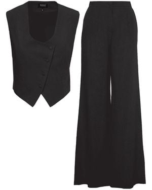 BLUZAT Linen Suit With Cut-Out Vest And Straight-Cut Pants - Black