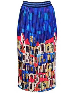 Lalipop Design Multi-colour Pleated Maxi Skirt With House Pattern - Blue