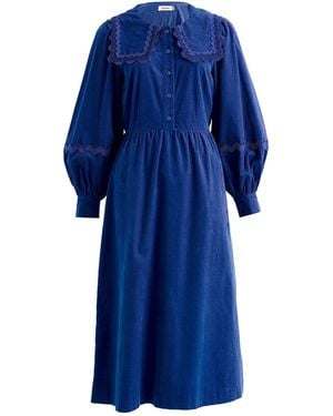 Louche Prudence Babycord Big Collar Ric Rac Trim Midi Dress - Blue