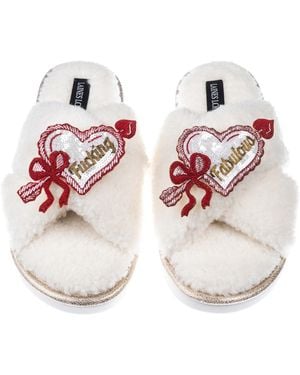 Laines London Neutrals Neutral Boucle Slippers With Fucking Fabulous Hearts Brooches - White