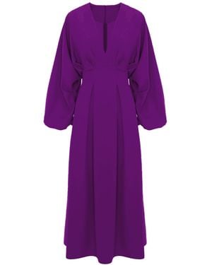 BLUZAT Midi Dress With Balloon Sleeves And V-Neck - Purple