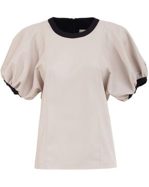 Julia Allert Neutrals Puff Sleeve Faux Leather Top – - Multicolour