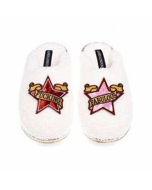 Laines London Neutrals Teddy Closed Toe Slippers With & Fucking Fabulous Brooches - White