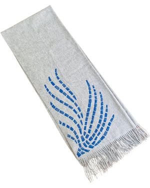 Heritagemoda Neutrals Wool Scarf With Hand-Embroidered Peacock Feather Motif - Blue