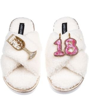 Laines London Neutrals Laines Neutral Boucle Slippers With 18Th Birthday & Champers Brooches - White