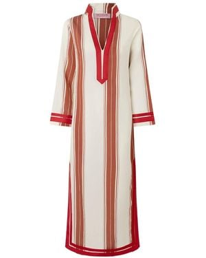 Juan Avellaneda X Seeiou Charlotte Striped Midi Kaftan – V-Neck & Long Sleeves - Red