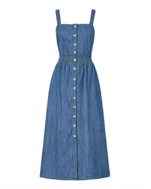 Yumi' Chambray Cotton Ruched Midi Sun Dress - Blue