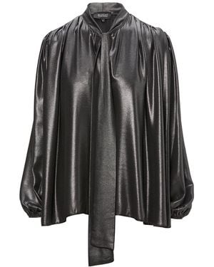 BLUZAT Metallic Blouse With Draped Shoulders & Bow Ribbon - Gray