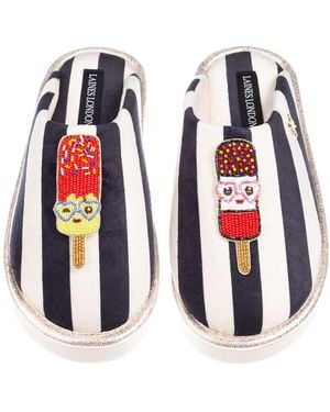 Laines London Flatform Stripe Closed Toe Slippers With Cute Ice Lolly Brooches - Red