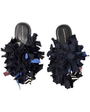 London Atelier Byproduct Pom Pom Fabric & Leather Mules Slip On Shoes - Blue