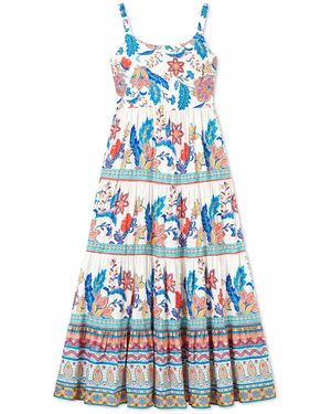 Yumi' Boho Block Print Tiered Maxi Dress - Blue