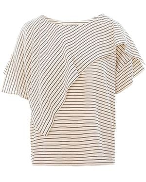 Larisa Dragna Neutrals Echo Stripe Blouse With Draped Scarf - Natural