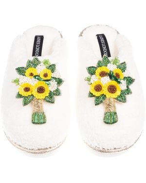 Laines London Neutrals Teddy Closed Toe Slippers With Bouquet Brooches - Yellow