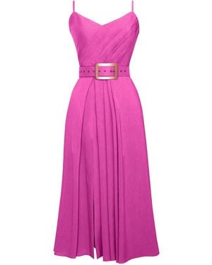 ALINA CERNĂTESCU Simba Linen Draped Cocktail Midi Dress With Front Slit And Pockets - Purple