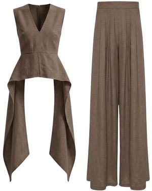 BLUZAT Linen Peplum Top & Wide-Leg Pants Set - Natural