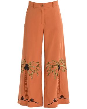 Lalipop Design Palm Embroidered Tencel Blend Pants - Orange