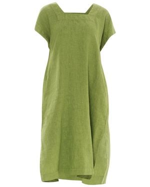 Haris Cotton Smock Linen Dress With Split Hem Avocado - Green