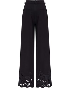 Annabo Rose Eyelet Embroidered Wool Wide-Leg Pants - Black
