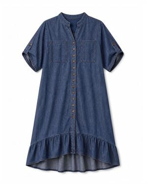 Yumi' Chambray Denim Dip Hem Relaxed Fit Shirt Dress - Blue